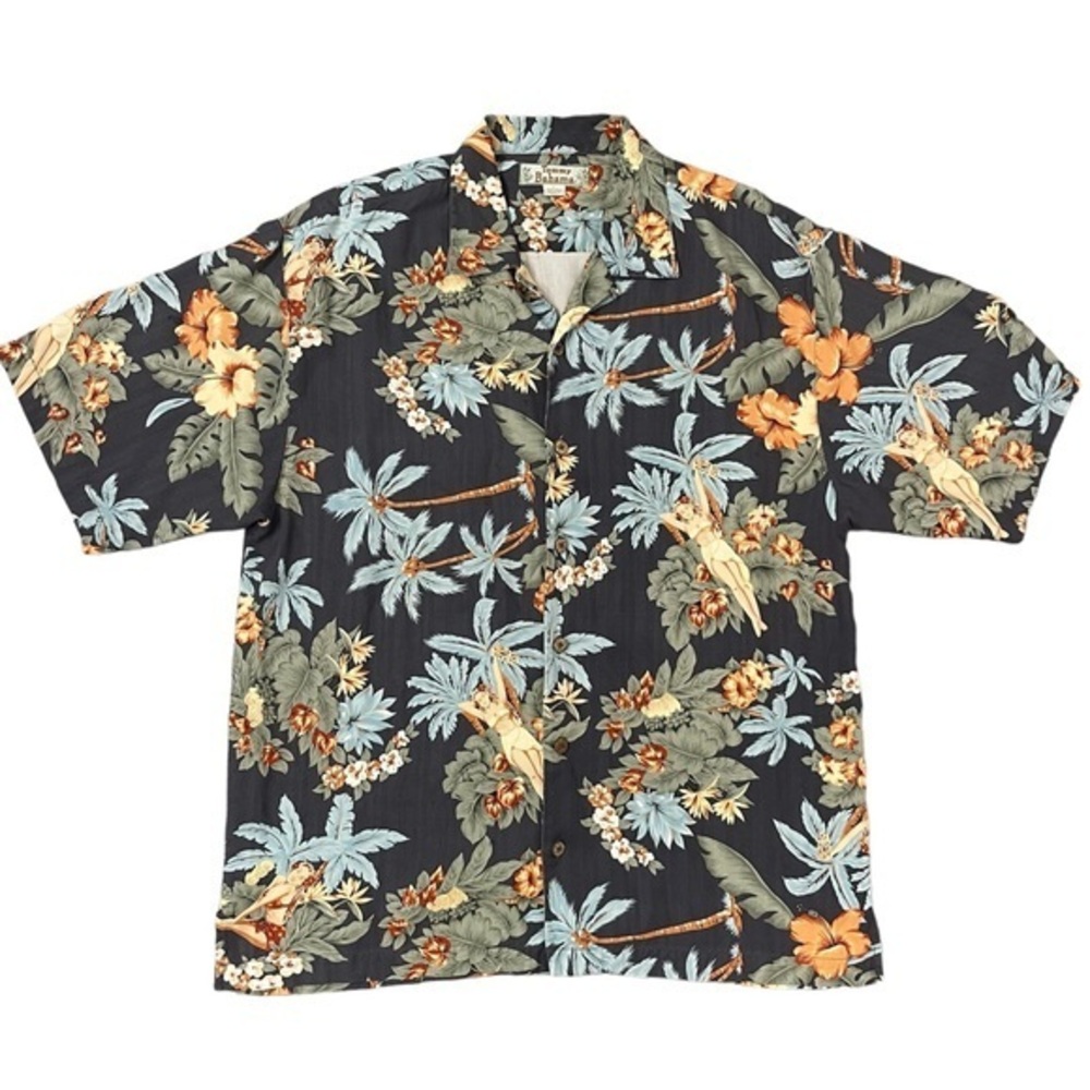 Tommy Bahama Hawaiian Palm Hibiscus Hula Girl Silk Camp Shirt Aloha Men's Size L